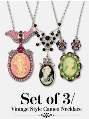3 Set x Black Pink Angel Lady Cameo Vintage Style Dangle Pendant Chain Necklace